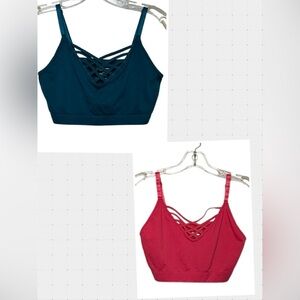 2 Zenana Outfitters Front V Lattice Bralettes Adjustable Straps in Teal & Peach